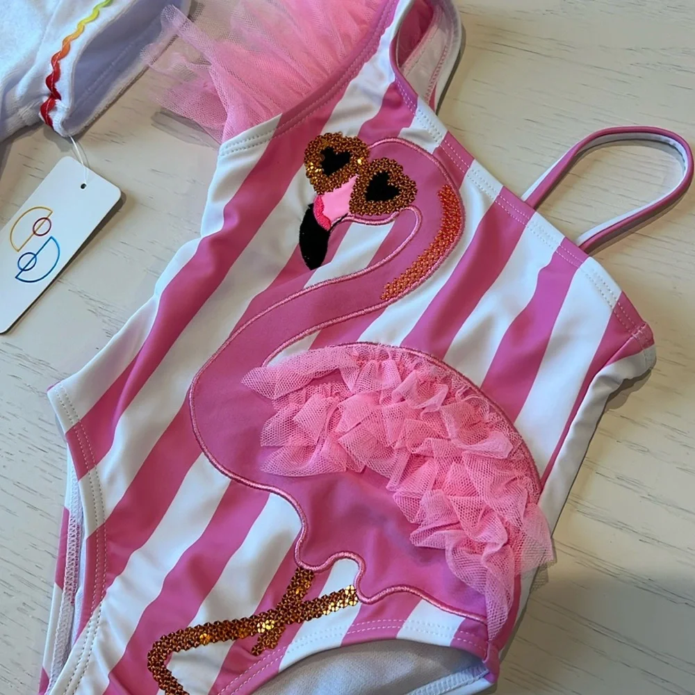 Flapdoodles Toddler Girl 2 Piece Swim Set Coverup One Piece Flamingo  2T 3T 4